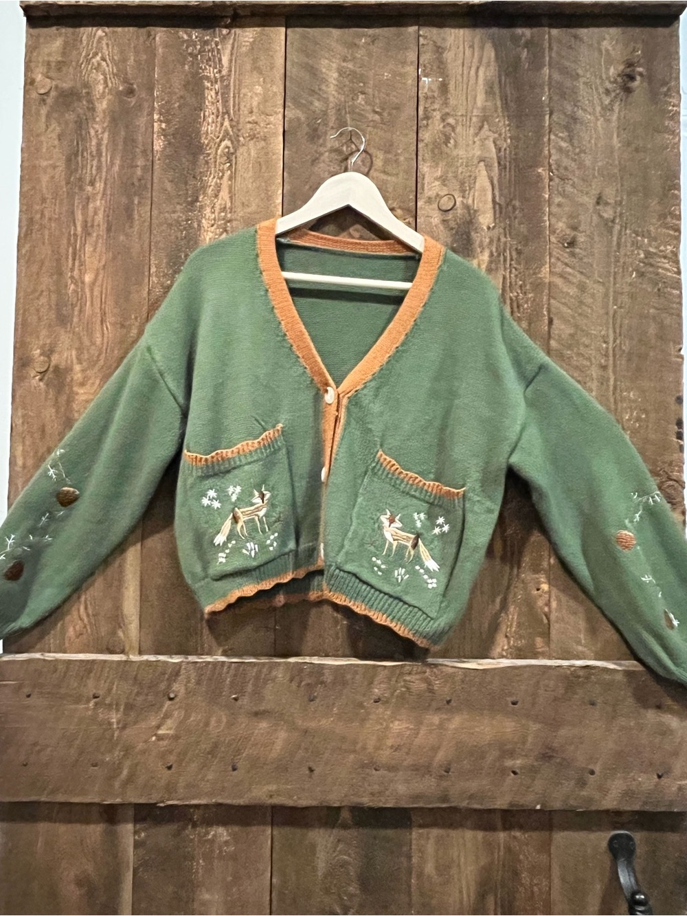 SHEIN Green Cardigan with Tan Trim & Embroidered Deer